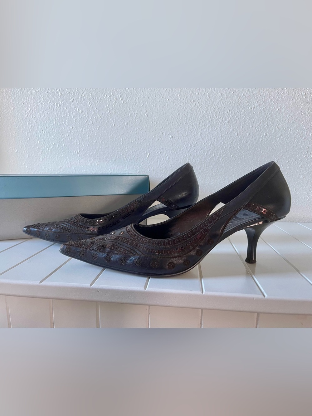 Nine West Brown Pointed Toe Cutout Leather Heels